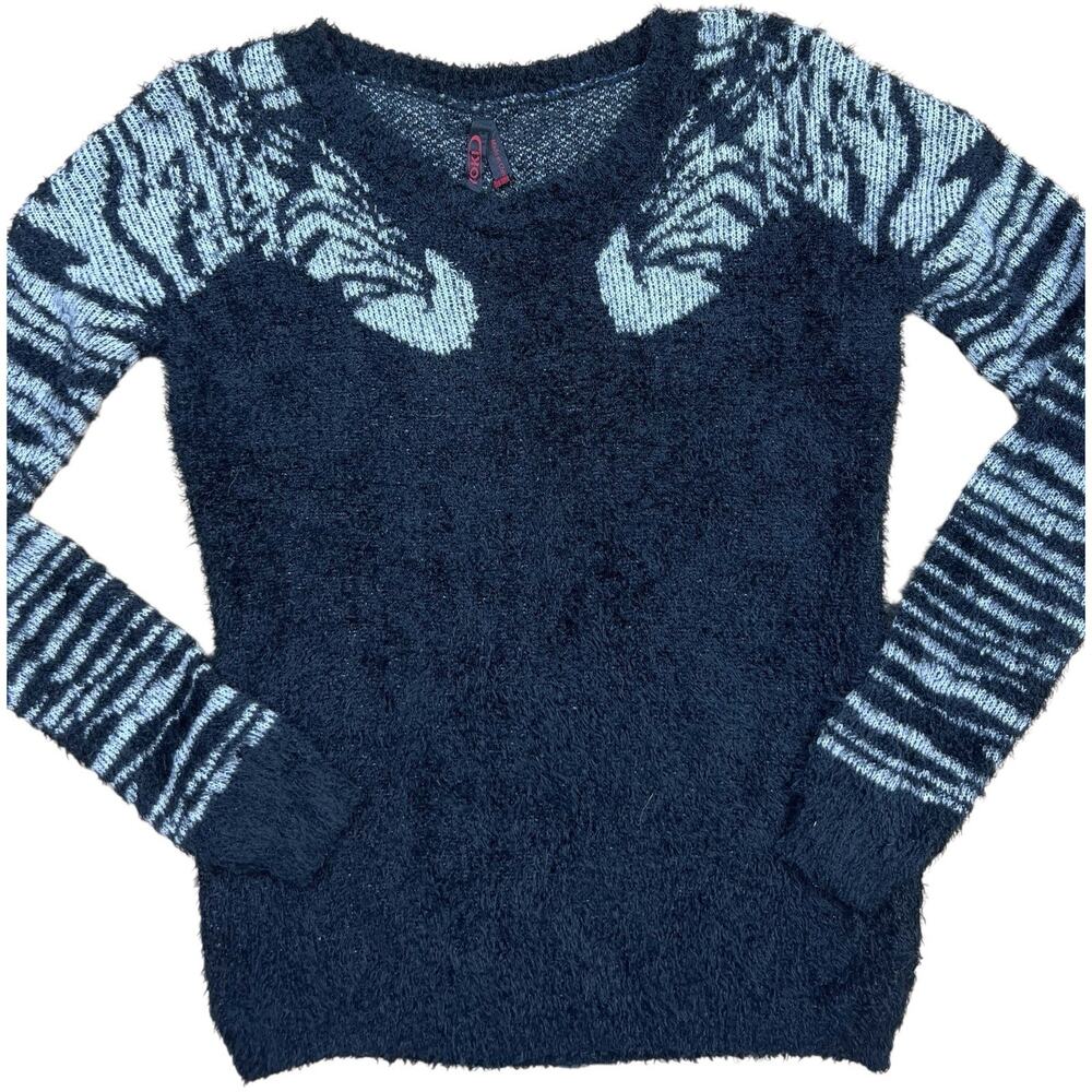 Yoki Fuzzy Sweater Womens Large Black Soft Knit Pullover Striped Sleeves Coz